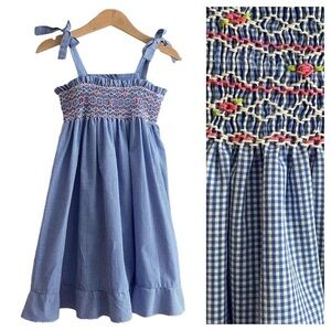 Anavini Blue White Gingham Plaid Smocked Tie Shoulder Dress 2t